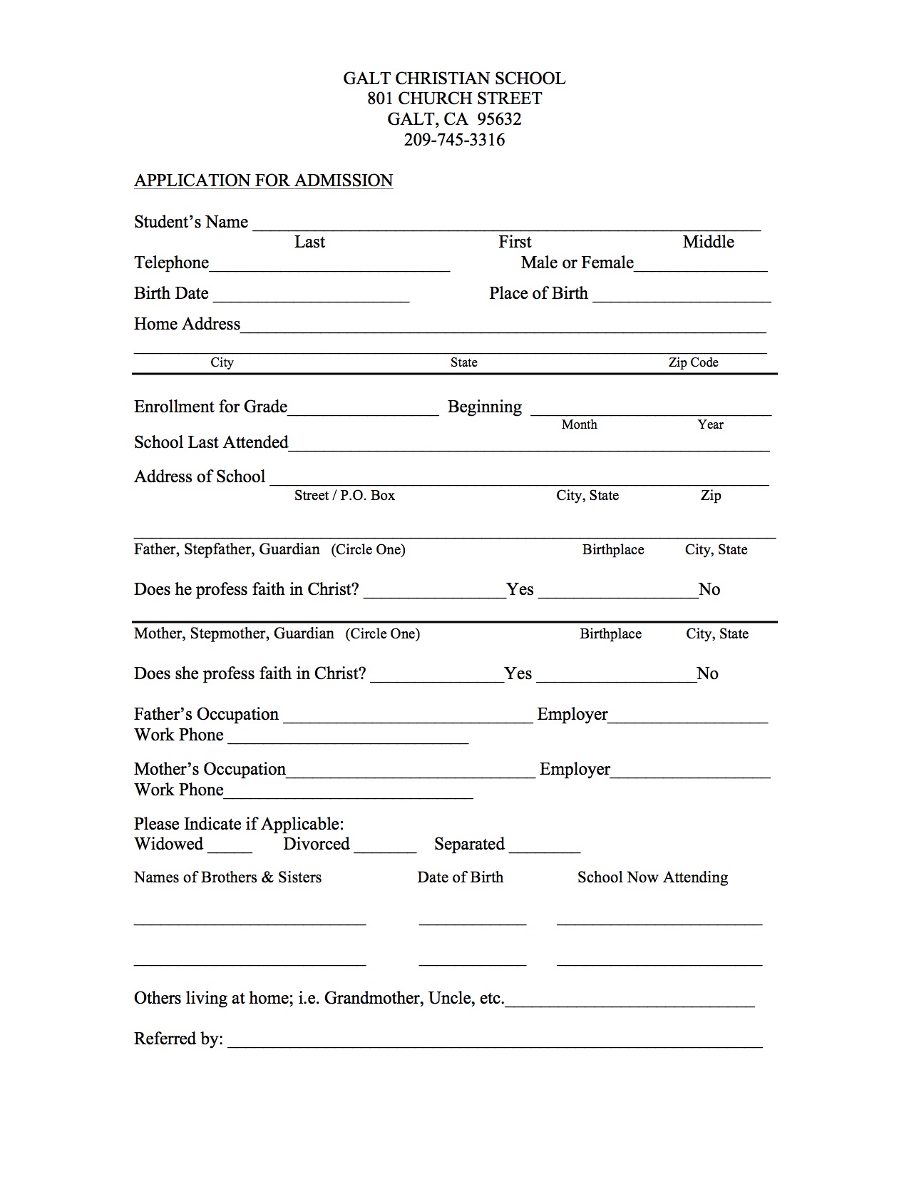 Application For Admission Galt Christian School